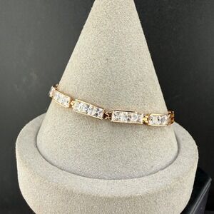 Vintage Estate Signed Rhinestone Bracelet Gold Tone Greek Key 8in